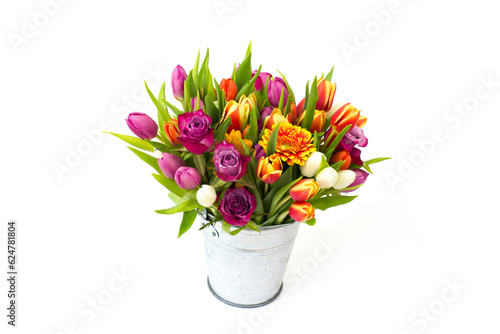 flowers in a bucket on white background