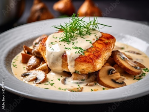 Poulet à la Crème with creamy sauce, mushrooms, and herbs, served on a white plate