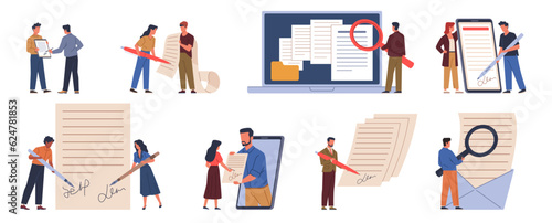 Contracts conclusion. Clients sign documents, settlement on paper, successful transaction, electronic and analog signatures, partnership and cooperation, cartoon flat isolated nowaday vector set