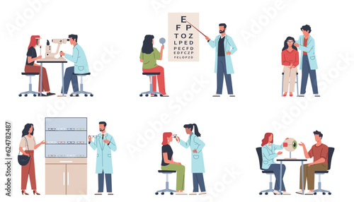 Ophthalmologists with patients. People check their eyesight, optical consultant, glasses selection, doctors at work. Optometry diagnostic and surgery, cartoon flat isolated nowaday vector set photo