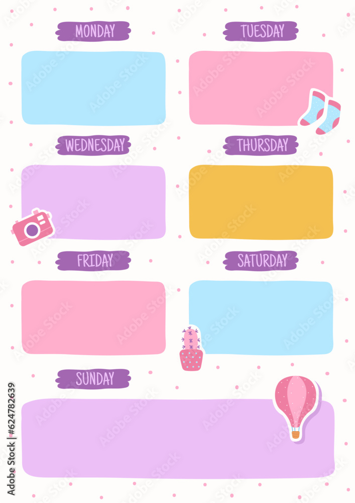 Planner list. Weekly blank reminder page, school timetable, organizer printable template. Girly cute stationery. Frame for text, Monday Tuesday and Wednesday. Cartoon isolated illustration