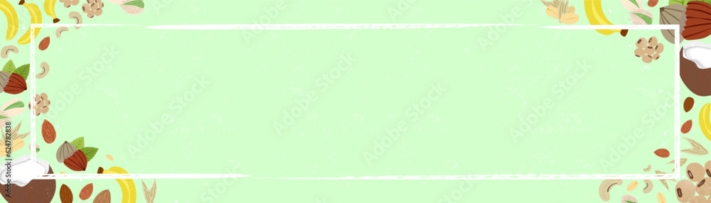 Empty cream banner with white brush border surrounded by cute cartoon vegan food elements, cashew, coconut, almond, hazelnut, banana, oats. Copy Space. Editable Vector Illustration. EPS 10. Empty cream banner with white brush border surrounded by cute cartoon vegan food elements, cashew, coconut, almond, hazelnut, banana, oats. Copy Space. Editable Vector Illustration. EPS 10.
