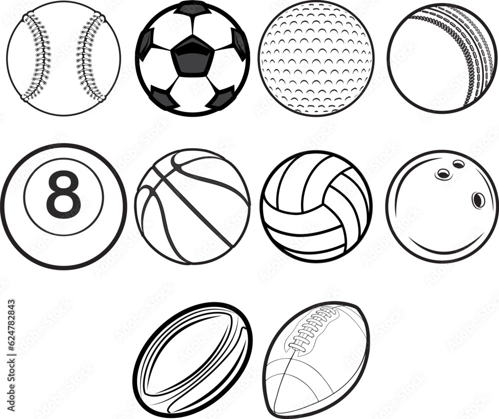 Set of black and white cartoon sports ball icons Set of black and white cartoon sports ball icons