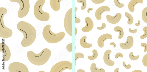 Seamless Cashew Pattern, small and big cashew nuts repeating pattern on white background. Vegan background. Vector Illustration. EPS 10.
