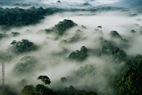 Majestic Aerial Shot: Enchanting Foggy Jungle and Mountain Peaks | Captivating Light & Shadow | Ethereal and Mysterious Atmosphere | Adobe Stock