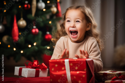 An excited child opening presents on Christmas day
