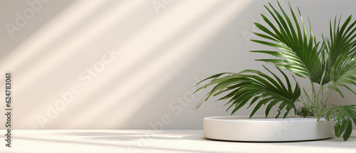 a blank minimal white counter podium with a soft beautiful  dappled sunlight palm foliage leaf shadow on wall for hygiene cosmetic  skincare  beauty treatment product created by generative AI