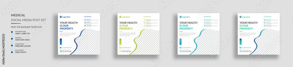 Medical health care and clinic social media post banner design, medical social media post design template, promotional medical square web banner for hospital, Medical social media post. Medical health care and clinic social media post banner design, medical social media post design template, promotional medical square web banner for hospital, Medical social media post.