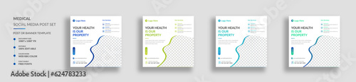Medical health care and clinic social media post banner design, medical social media post design template, promotional medical square web banner for hospital, Medical social media post.