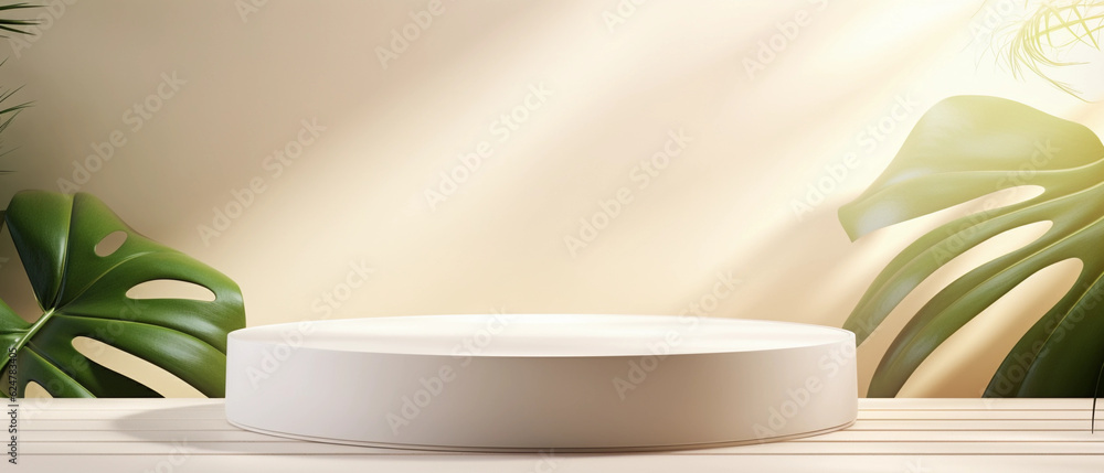 a blank minimal white counter podium with a soft beautiful, dappled sunlight palm foliage leaf shadow on wall for hygiene cosmetic, skincare, beauty treatment product created by generative AI a blank minimal white counter podium with a soft beautiful, dappled sunlight palm foliage leaf shadow on wall for hygiene cosmetic, skincare, beauty treatment product created by generative AI