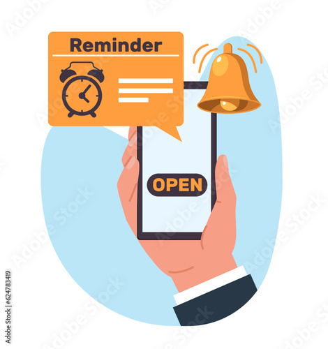 Smartphone hand with reminder of an important event. Yellow calling bell, alarm clock, notification application. Mobile phone screen. Web message. Cartoon flat isolated vector concept