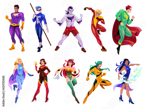 Superheroes characters. Cartoon heroes mascots set, strong men and women group in tight fitting color costumes, different active poses and skills, tidy vector cartoon flat isolated illustration