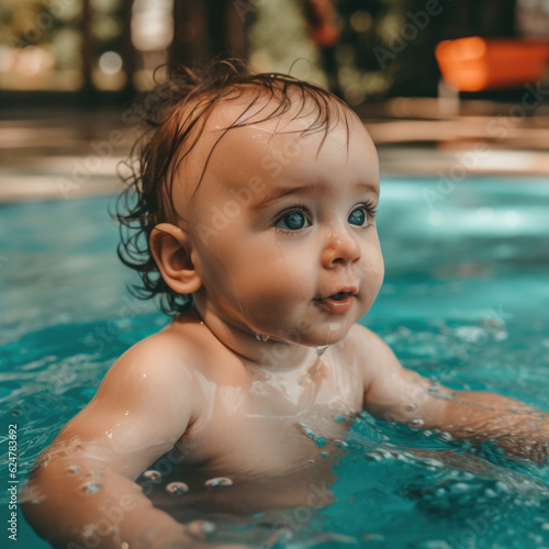 baby playing in swimming pool during summer vacation.