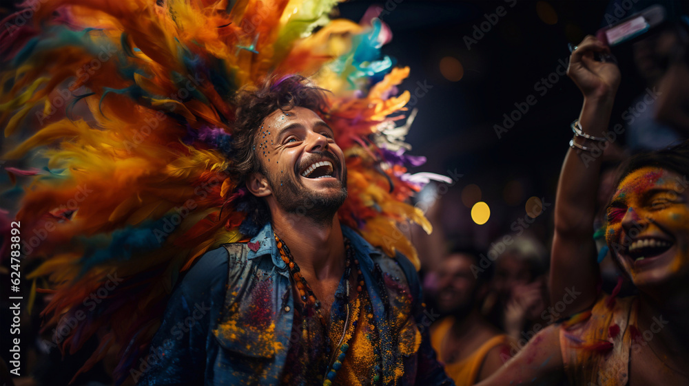 A man in colorful feathers rejoices at the festival. LGBT. AI Generative