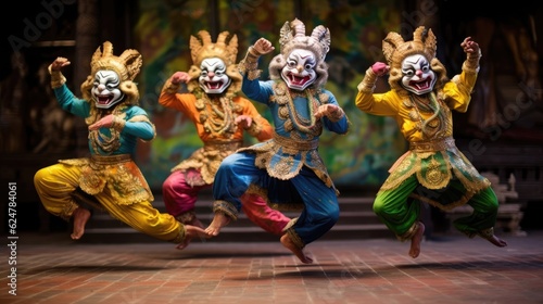 Art Culture Thailand Dancing In Masked Khon In Literature Ramayana Thai Classical Monkey Masked Khon Thailand, generative ai