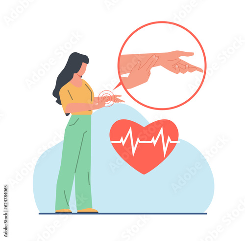 Young girl takes her pulse on her arm. Self diagnostic and monitoring symptoms. Measuring heart pulsation. Increased heart rate due to sports and stress. Cartoon flat isolateed vector concept