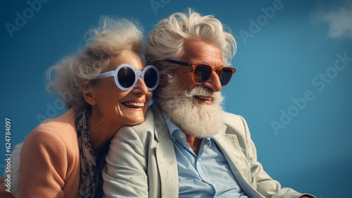 Old couple with grey hair wearing sunglasses and smiling. Portrait of love and happiness at any age concept. Illustration. Generative AI 