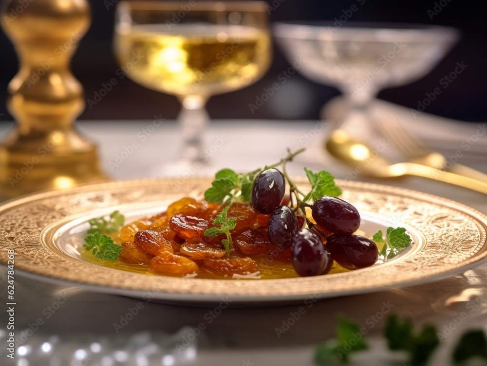 Cailles aux Raisins garnished with fresh herbs and served on an elegant plate