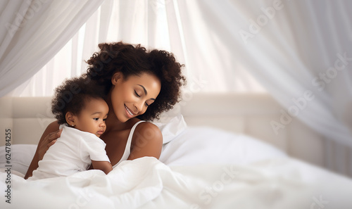 Beautiful African American mum hugging her newborn baby child in white bedroom. Afro Woman and adorable little baby on bed. Concept love attractive and black family bonding. copy space