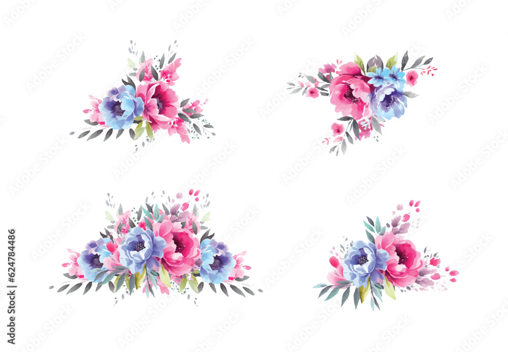 Set of floral branch. Flower pink and lilac flowers, green and blue leaves. Wedding concept with flowers. Floral poster, invite. Vector arrangements for greeting card or invitation design