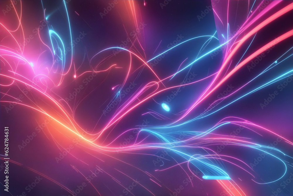 Fototapeta premium Digital Dreamscape: Abstract Futuristic Background with Vibrant Neon Waves, Data Mountains, and Bokeh Lights. A Captivating Representation of Data Transfer and a Mesmerizing Wallpaper