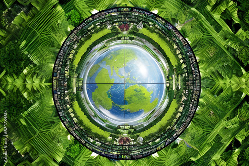 Captivating Glass Globe in Thriving Green Forest: Sustainable Development, Biodiversity, ESG, CO2 Reduction, Circular Company, Net-Zero Icons - Inspiring Unity for Our Planet's Tapestry!