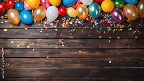 Colorful Carnival Or Party Frame Of Balloons Streamers And Confetti On Rustic Wooden Board, generative ai