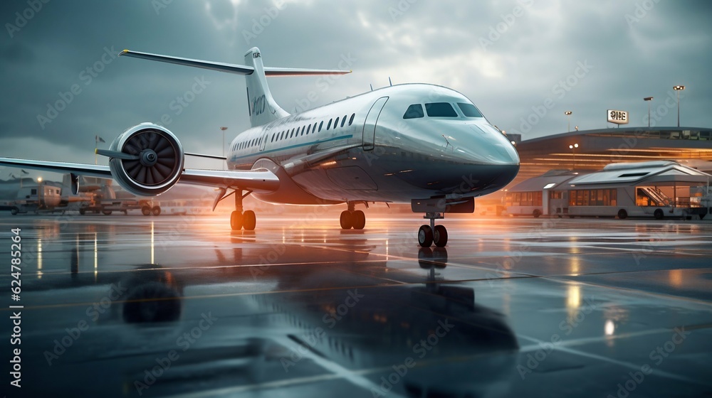 Medium-Sized Passenger Aircraft on Tarmac in Front of an Airport Terminal. Generative ai Medium-Sized Passenger Aircraft on Tarmac in Front of an Airport Terminal. Generative ai
