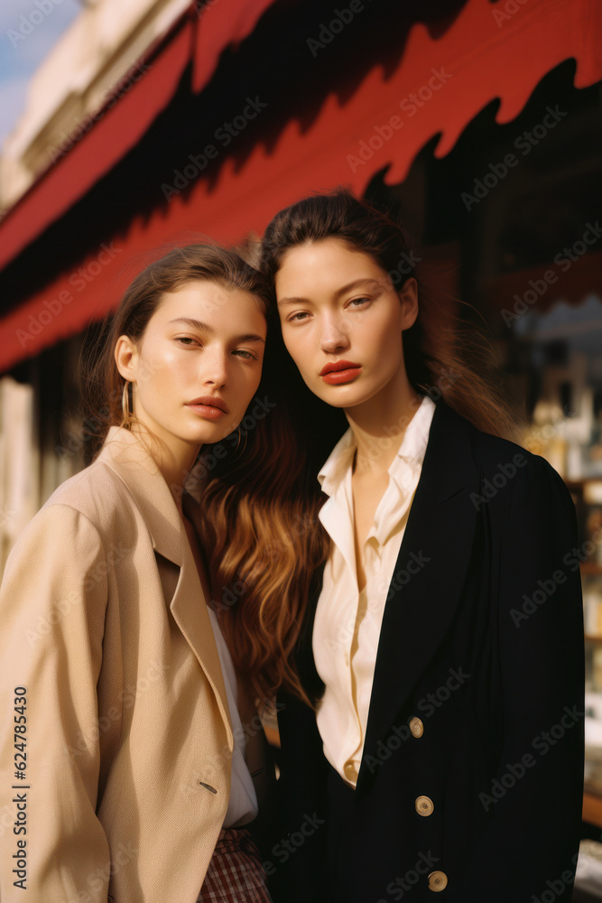 portrait of two women/models/book characters in daylight scene for lgbtq + awareness embracing in a fashion/beauty editorial magazine style film photography look - generative ai art portrait of two women/models/book characters in daylight scene for lgbtq + awareness embracing in a fashion/beauty editorial magazine style film photography look - generative ai art