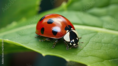 Macro detail of a ladybug resting on a leaf in nature, generative ai