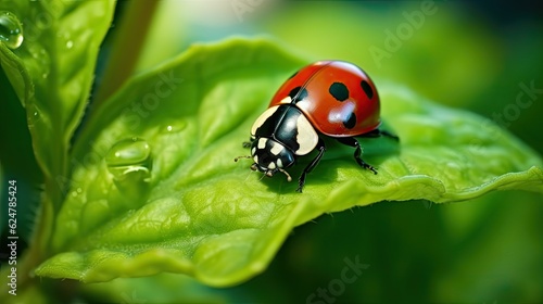 Macro detail of a ladybug resting on a leaf in nature, generative ai © Creative Station