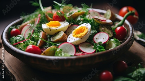 Salade Ni  oise beautifully plated with a mix of textures  displaying sliced cucumbers  radishes  and a sprinkle of herbs
