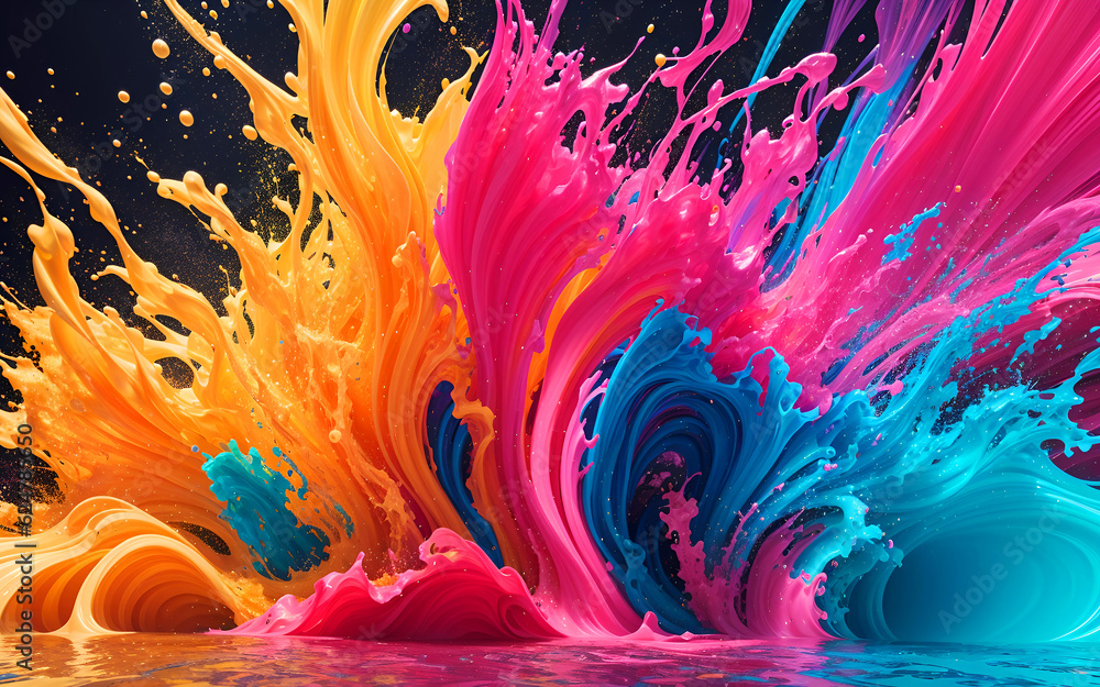 Obraz premium Colorful Liquid Fluid Wallpaper Background. Abstract Flowing Paint Splash Illustration for Banner, Invitation, Greeting Card or Cover. Ai Generated.