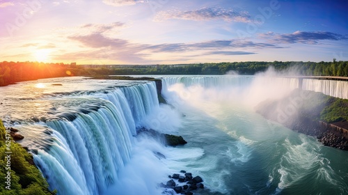 Panoramic landscape of Niagara Falls stretching across horizon, generative ai