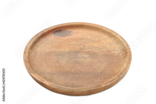 Empty wooden tray isolated on white background. Rectangular wooden dish