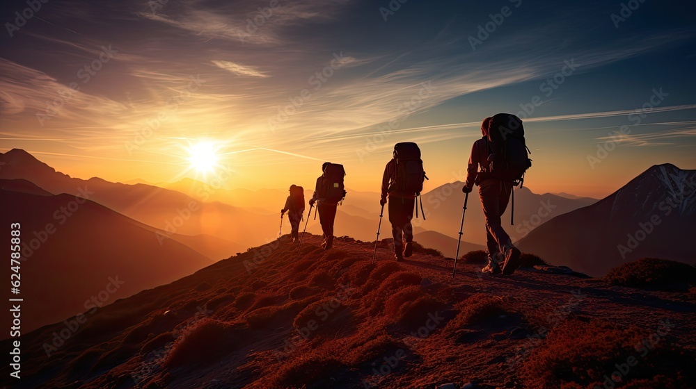Silhouette of hikers trekking up a mountain at sunrise, generative ai