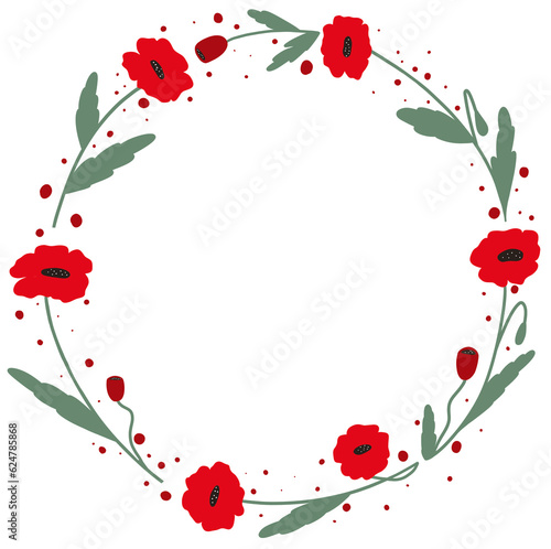 Poppy flowers circle frame illustration