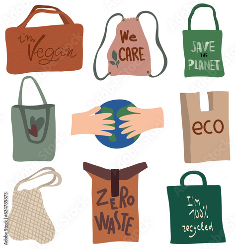 Set of bags eco friendly and recycled, handdrawn illustration