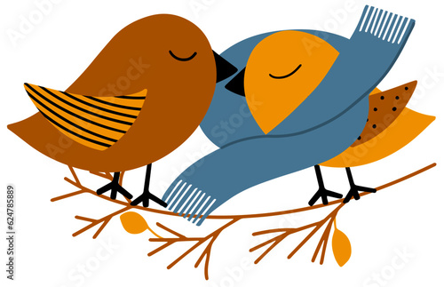 Two birds in love, cold weather, handdrawn illustration