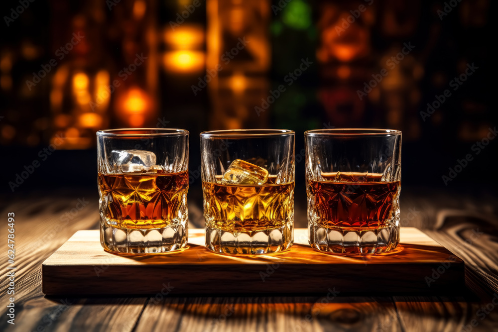 Three glasses of whiskey are sitting on a wooden surface, drinks on a wooden table. Three glasses of whiskey are sitting on a wooden surface, drinks on a wooden table.