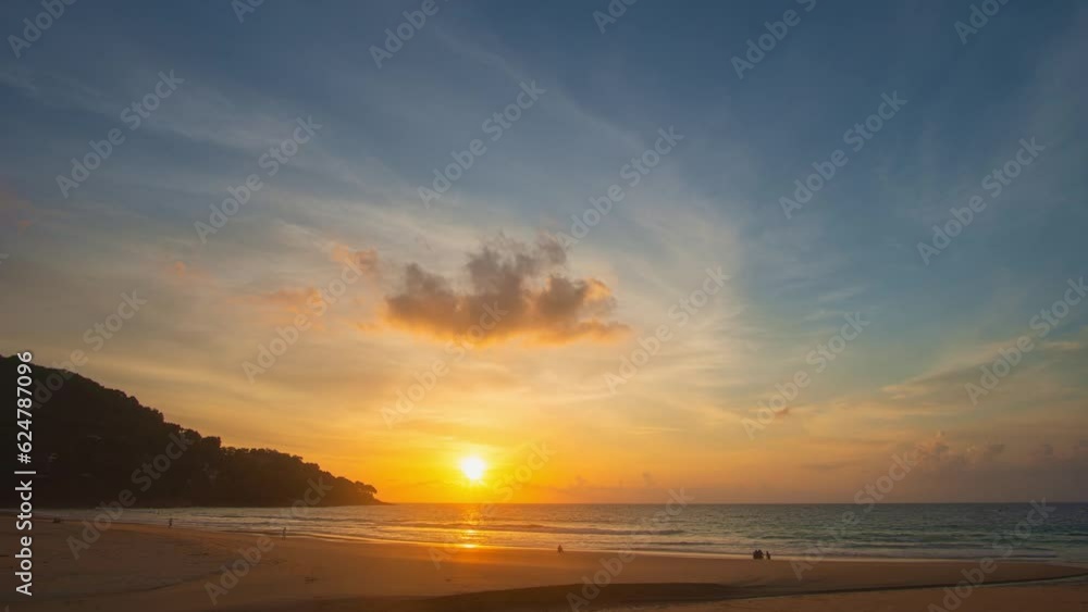 .aerial view exotic colorful sky in bright sunset at Karon beach Phuket..Scene of colorful romantic sky of sunset. Gradient color. Sky texture..amazing sky of bright sunset in nature and travel 