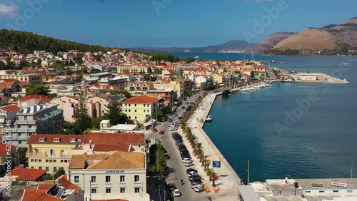 Aerial drone video of Argostoli (Argostolion), famous city and capital of Cefalonia (Kefalonia) island, Ionian islands, Greece. Argostoli town, former municipality on the island of Kefalonia, Greece. photo