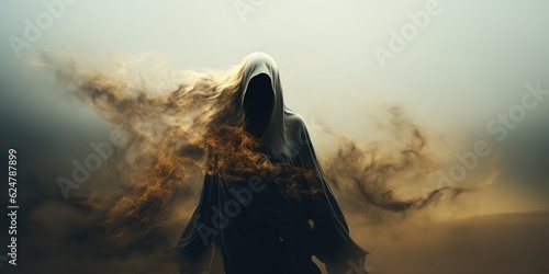 Scary shadowy grim reaper wandering in ethereal sandstorm of dust, dressed in dark black hooded robe of decaying smoke, death follows wherever he walks in spirit - generative AI 