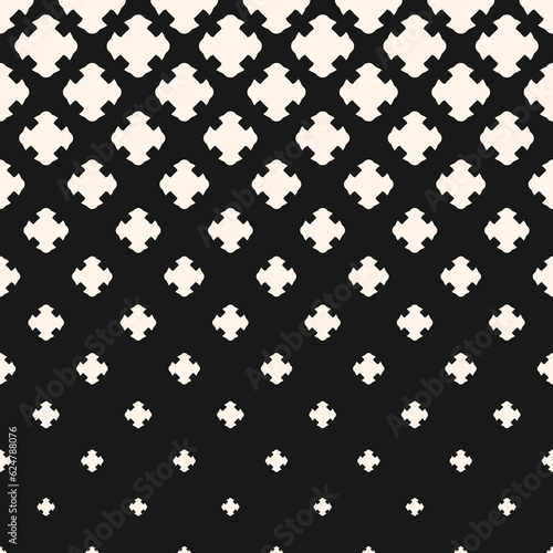 Vector halftone texture, black and white abstract pattern. Horizontally seamless background. Gradient transition effect. Floral geometric shapes, crosses. Simple geo design for print, cover, decor