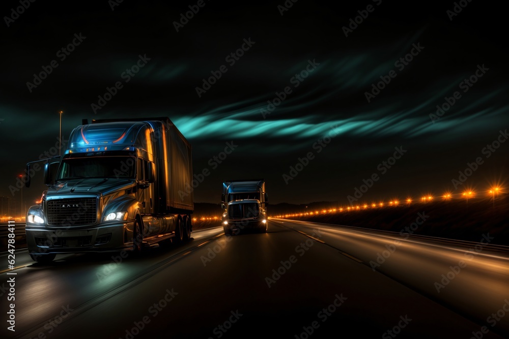 Two Semi Trucks Driving Down A Highway At Night