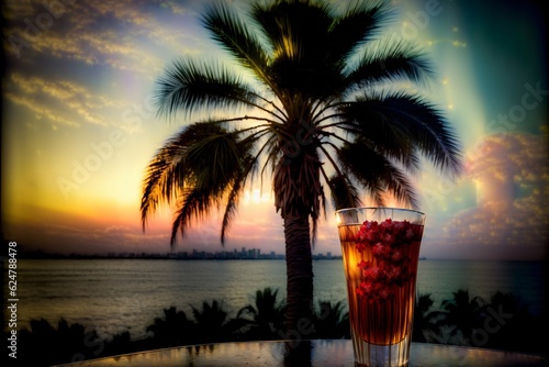 A Glass Filled With Liquid Sitting On Top Of A Table Next To A Palm Tree