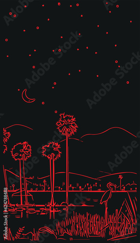 A drawing of a landscape with palm trees and a moon