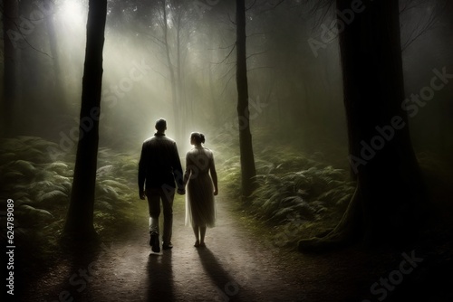 A Man And A Woman Walking Down A Path In The Woods