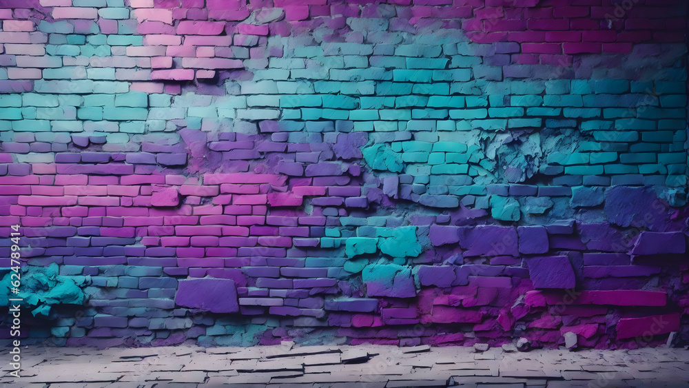Vibrant Brick Mosaic: Toned Wall with Blue, Purple, Magenta, Teal, and Green Gradient. Rough, Textured Surface Creating an Artistic and Colorful Background with Ample Space for Design. Evoking a Dark 