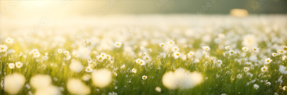 Field of white flowers with sunlight. Generative AI. 